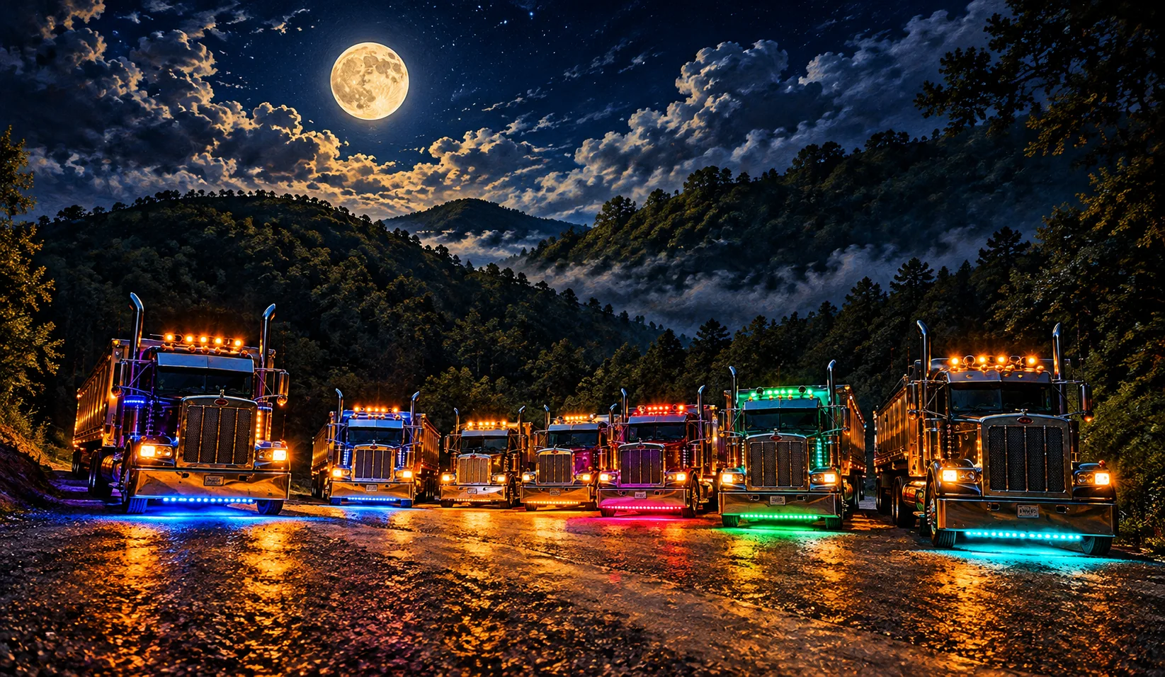 Dramatic nighttime truck lineup with illuminated lights and mountains